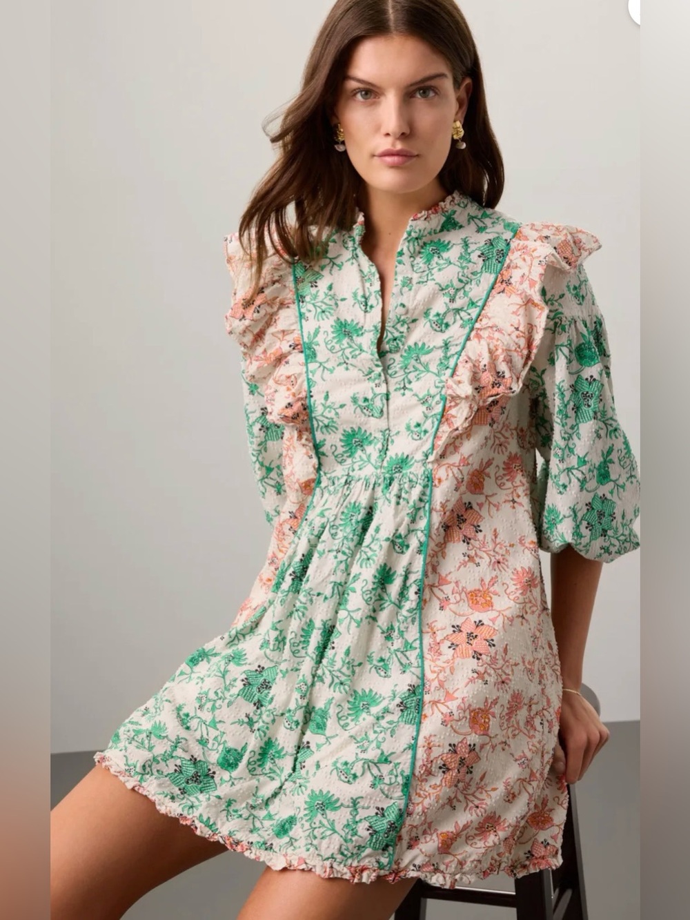 Erika Babydoll Dress Floral Ruffled Mini Dress in Green Pink & Peach